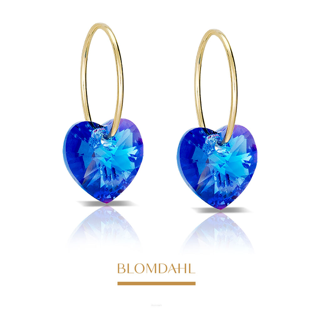 Kolczyki hipoalergiczne, kolczyki antyalergiczne, kolczyki tytanowe, Heart Sapphire, złoty tytan medyczny, Blomdahl, część ozdobna kryształ Swarovskiego w kształcie serca na okrągłej zawieszce, alergia na nikiel, alergia kontaktowa skóry, bezpieczne kolczyki, kolczyki ze sztyftem, biżuteria hipoalergiczna.