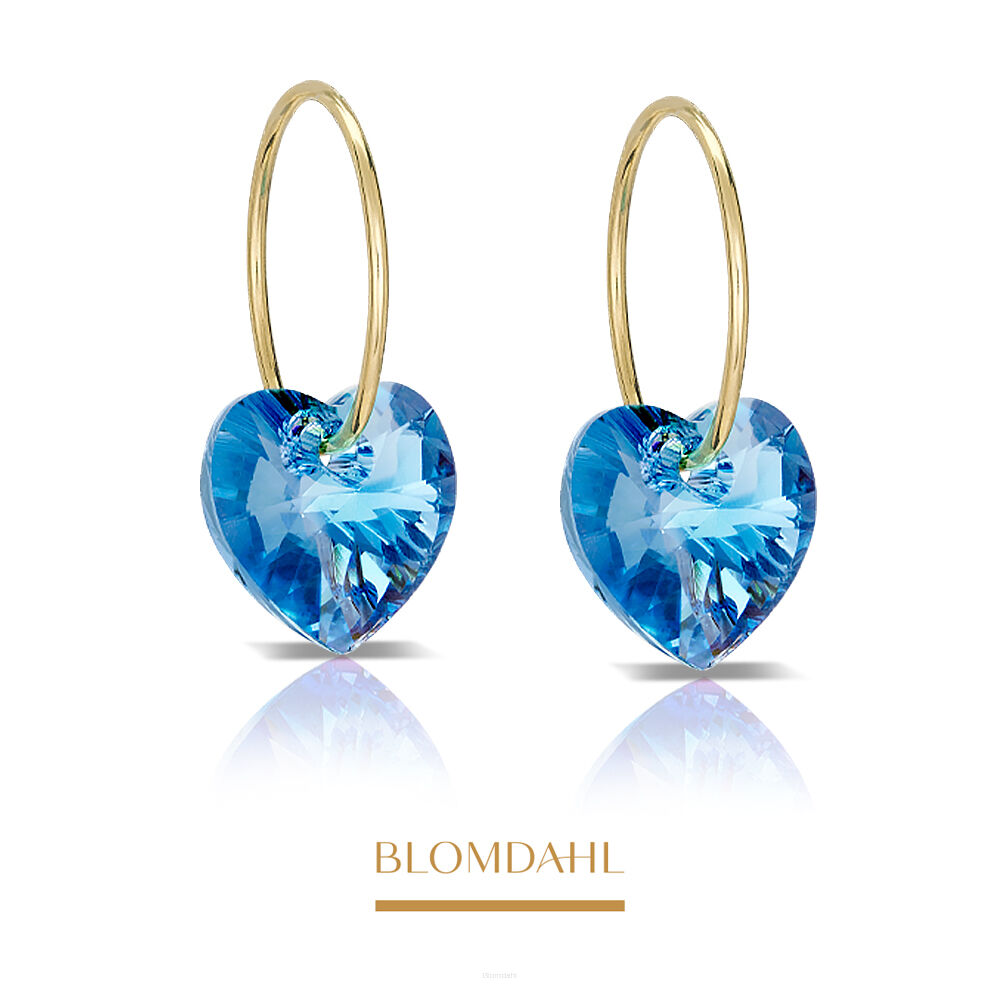 Kolczyki hipoalergiczne, kolczyki antyalergiczne, kolczyki tytanowe, Heart Aquamarine, złoty tytan medyczny, Blomdahl, część ozdobna kryształ Swarovskiego w kształcie serca na okrągłej zawieszce, alergia na nikiel, alergia kontaktowa skóry, bezpieczne kolczyki, kolczyki ze sztyftem, biżuteria hipoalergiczna.