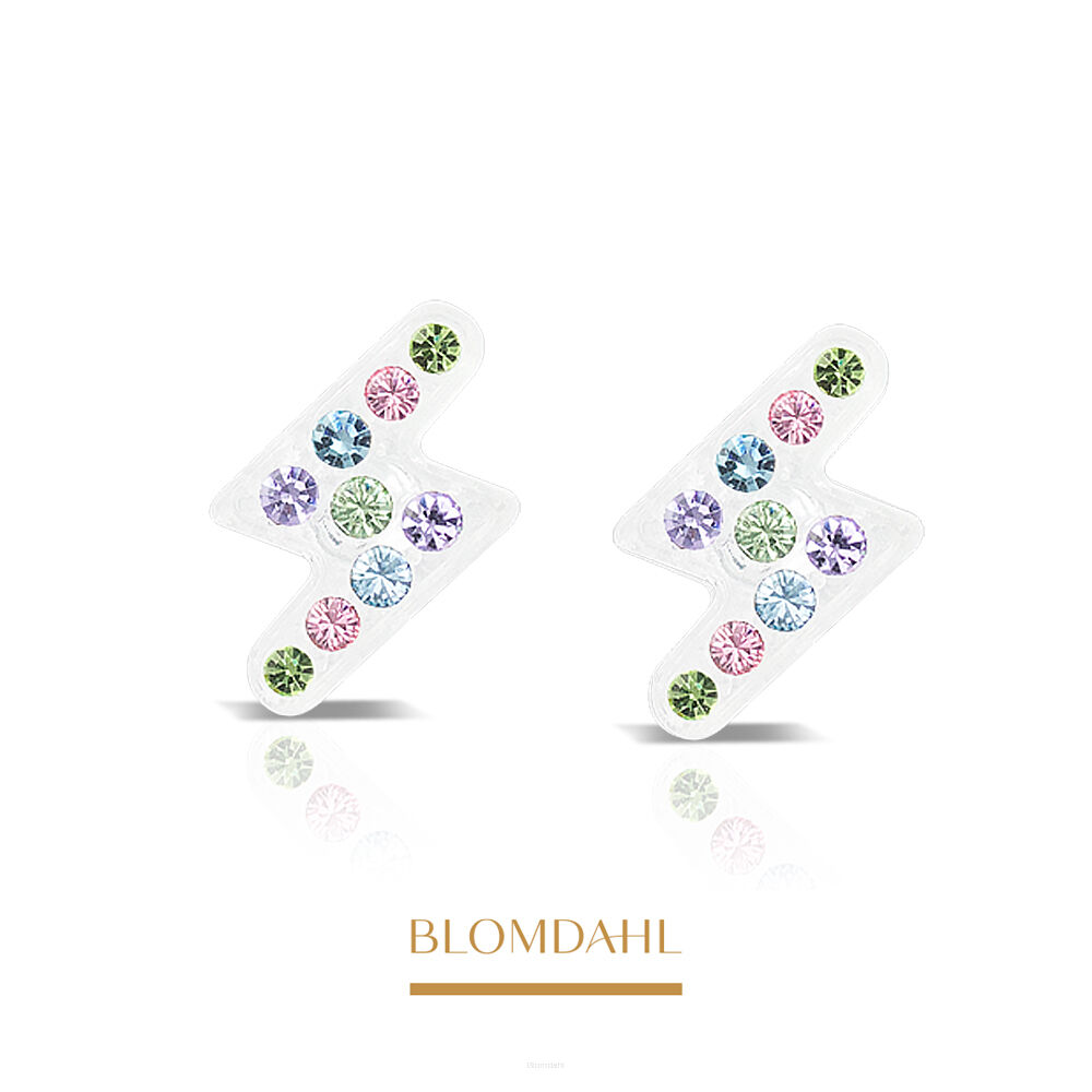 Kolczyki hipoalergiczne, kolczyki antyalergiczne, kolczyki plastikowe, kolczyki Brilliance Flash Light Fantasy z plastiku medycznego, w kształcie błyskawicy z plastiku medycznego, Blomdahl, alergia na nikiel, alergia kontaktowa skóry, plastik medyczny, bezpieczne kolczyki, kolczyki z kryształami Swarovskiego, kolczyki ze sztyftem, biżuteria hipoalergiczna, Blomdahl.