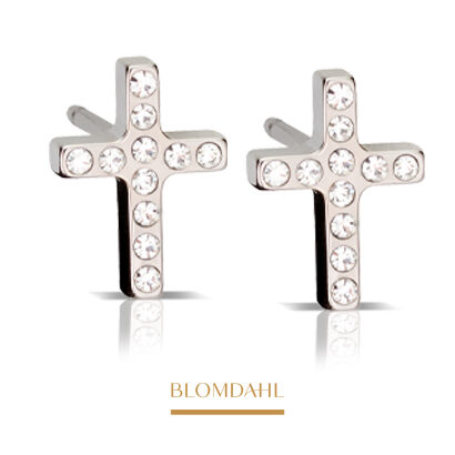 Kolczyki hipoalergiczne, kolczyki antyalergiczne, kolczyki tytanowe,Brilliance Cross, naturalny tytan medyczny, Blomdahl, część ozdobna w kształcie krzyża z kryształami Swarovskiego, alergia na nikiel, alergia kontaktowa skóry, bezpieczne kolczyki, kolczyki ze sztyftem, biżuteria hipoalergiczna.