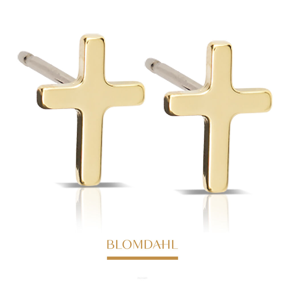 Kolczyki hipoalergiczne, kolczyki antyalergiczne, kolczyki tytanowe, Brilliance Cross, złoty tytan medyczny, Blomdahl, część ozdobna w kształcie krzyża, alergia na nikiel, alergia kontaktowa skóry, bezpieczne kolczyki, kolczyki ze sztyftem, biżuteria hipoalergiczna.