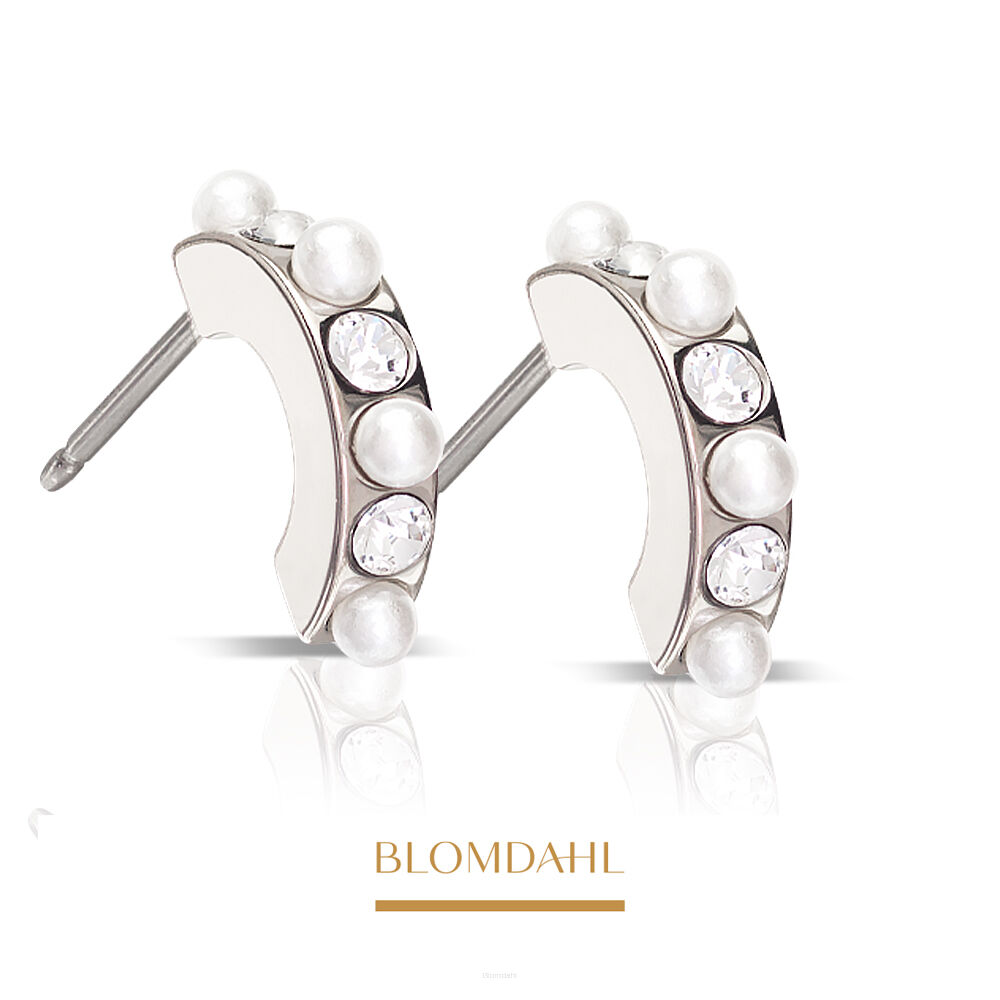 Kolczyki hipoalergiczne, kolczyki antyalergiczne, kolczyki tytanowe, Pendant Mixed Curved Crystal, naturalny tytan medyczny, Blomdahl, część ozdobna podłużny prostokąt, półokrąg z kryształami Swarovskiego i perłami, alergia na nikiel, alergia kontaktowa skóry, bezpieczne kolczyki, kolczyki ze sztyftem, biżuteria hipoalergiczna.